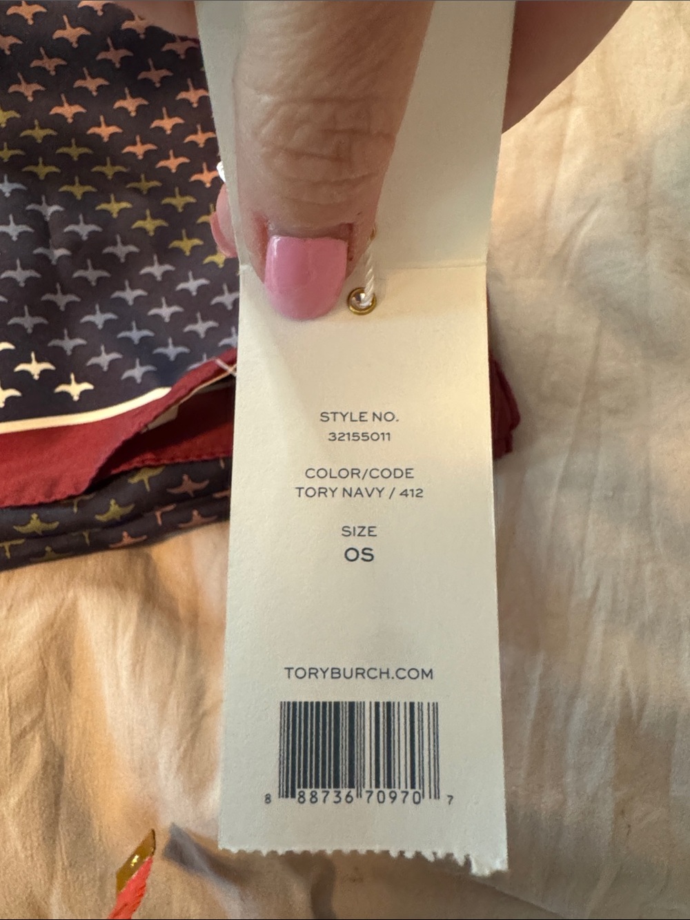 Tory Burch Navy and Burgundy Silk Logo-Motif Scarf - Picture 2 of 8